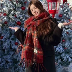 Honey Puppy秋冬格子新年红色围巾氛围感保暖围脖学生男女百搭