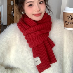 新年红色围巾女冬季2025新款韩系高级感保暖针织纯色过年短围脖