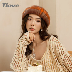 TLOVE 9249贝雷帽女士秋冬季新款时尚韩版格纹帽子复古百搭日系蓓蕾帽