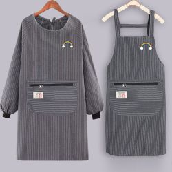 新款纯棉长袖围裙女外穿上班家用厨房防污耐脏套装工作服加肥