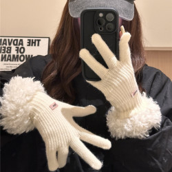 毛毛边手套女冬季2023新款韩版加厚保暖毛线针织分指手套可触屏潮