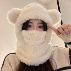 万宝绿 小熊毛绒帽子女秋冬季围脖加绒加厚护耳帽防寒骑车保暖套头雷锋帽