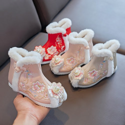 冬季女童汉服鞋子加绒棉鞋儿童绣花鞋老北京雪地靴古风棉靴表演鞋