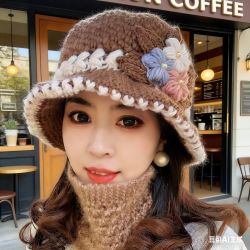 手工编织花朵灰色针织包头帽女秋冬大头围保暖显脸小冷帽毛线帽子