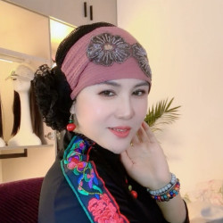 遮白发包头帽女新款双花串珠亮片发带帽头饰帽民族风头巾帽减龄
