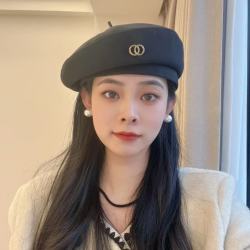 帽子字母 双环双圈贝雷帽女式百搭韩版潮英伦复古画家帽网红帽