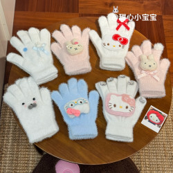 HelloKitty~可爱毛绒手套秋冬闪钻五指分指骑行加厚保暖防寒手套