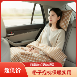 四季款无印风手提款格子抱枕被子两用车用柔软亲肤可机洗