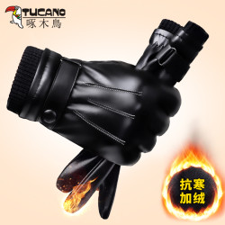 啄木鸟 皮手套男士冬季骑行加绒加厚保暖防风防水触屏冬天摩托车骑车手套