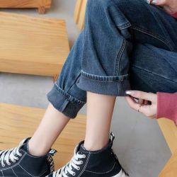 孕妇牛仔裤秋冬季加绒加厚春秋款外穿哈伦裤长裤老爹裤女宽松裤子
