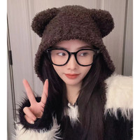 可爱小熊毛线帽子女秋冬护耳帽时尚百搭包头帽ins秋冬季