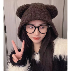 可爱小熊毛线帽子女秋冬护耳帽时尚百搭包头帽ins秋冬季
