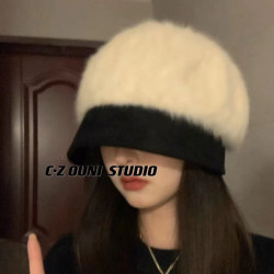 仙女温柔风～保暖兔毛麂皮绒帽沿显脸小盆帽