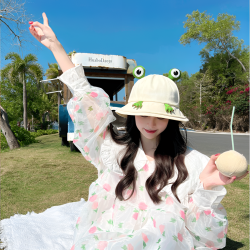 可爱小青蛙儿童渔夫帽女款大帽檐显脸小防晒遮阳户外旅游帽