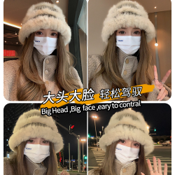 大头围定制新款醒狮帽毛线帽子女秋冬真兔毛针织帽显脸小保暖护耳