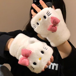 可爱hello猫半指翻盖毛绒手套女秋冬保暖加绒可爱学生写字防寒冻