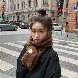 咖啡色纯色针织围巾女秋冬季韩版学生毛线百搭保暖加厚围脖情侣潮
