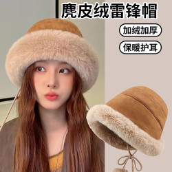 加大头围显脸小秋冬天渔夫帽子女日系百搭网红加绒羊羔毛盆帽保暖