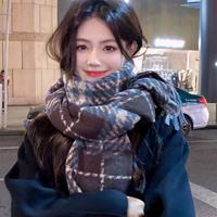 美拉德格子围巾女韩系氛围感百搭气质蓝千鸟格纹长款保暖披肩围脖