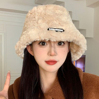 白色羊羔绒渔夫帽子女秋冬日系百搭显脸小冬季加厚保暖毛绒盆帽潮