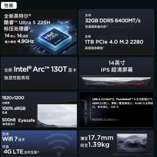 ThinkPad T14 Gen6 Ultra5-225H 64GB+4TB 4G插卡 笔记本电脑