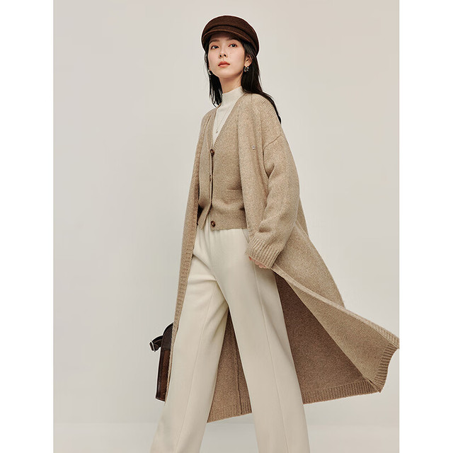 茵曼 简约驼绒毛衣马甲套装2024冬季女装新款气质针织开衫上衣 驼色 M