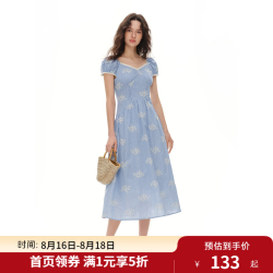 独束 分身型微定制蓝白条纹刺绣法式v领连衣裙夏季短袖显瘦A字裙 海盐条纹蓝 M -B2