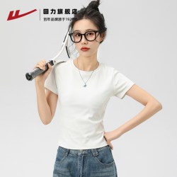 回力 正肩短袖t恤女2026新款夏季款白色上衣圆领修身内搭打底纯棉T
