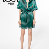 88VIP：野兽派 绿条纹小狐狸印花真丝情侣睡衣家居服套装礼物