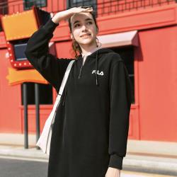 FILA 女装时尚运动休闲连衣裙女士长款简约百搭宽松连帽针织连衣裙