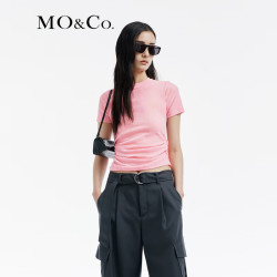 MO&Co. 春秋植绒网纱高腰捏褶短袖圆领短款T恤