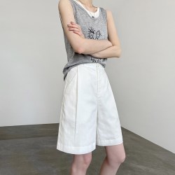 芭翼 白色亚麻短裤女夏2025新款老钱风宽松休闲高腰a字阔腿天丝五分裤