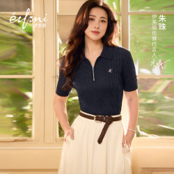 伊芙丽 polo领微宽松短袖针织衫 藏青 L
