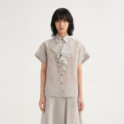 KARL LAGERFELD 夏款满身logo烫钻荷叶边短袖衬衫