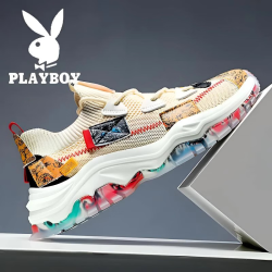 PLAYBOY 男鞋2026秋冬季新款鞋子男款透气网面休闲老爹鞋男飞织运动板鞋男 米色 CPL1226519 44
