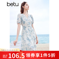 百图 2404T91 V领花边雪纺印花连衣裙 蓝色 M