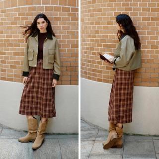 森马 秋短款宽松落肩衣服撞色灯芯绒翻领夹克小个子复古外套女