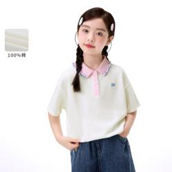 茵曼 女童撞色polo衫萌趣刺绣短袖T恤26夏中大童蕾丝洋气上衣