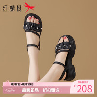 红蜻蜓 女鞋珍珠绑带凉鞋 夏季轻便一字扣带凉鞋休闲百搭女士罗马凉鞋子