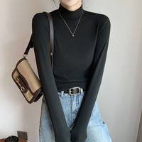有只绵 半高领双面磨毛打底衫女秋冬款内搭纯色加绒加厚保暖长袖上衣 黑色 M 适合70-90斤