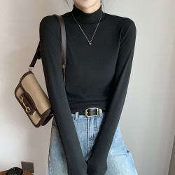 有只绵 半高领双面磨毛打底衫女秋冬款内搭纯色加绒加厚保暖长袖上衣 黑色 M 适合70-90斤