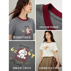 茵曼 100%棉正肩印花透气撞色圆领T恤 深花灰