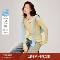 茵曼 100%莱赛尔坑条纹理针织衫2026秋季女装新款修身显瘦长袖毛衣 浅黄色 M