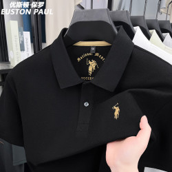 保罗 优斯顿·保罗 EUSTON PAUL正品夏季新款100%纯棉男士短袖T恤高档翻领刺绣中青年百搭POLO衫 黑色 XL