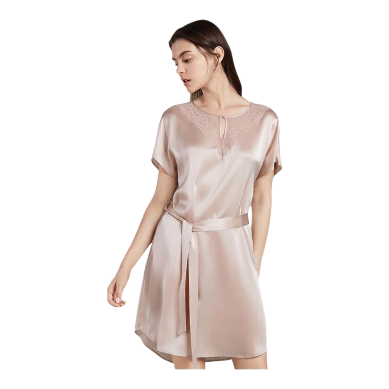 金三塔 100%桑蚕丝蕾丝圆领真丝睡裙 香妃色 2XL