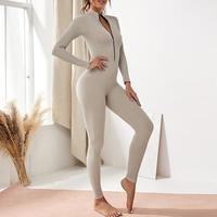 猪小耙 欧美长款拉链运动连体衣女健身螺纹瑜伽服健美连体瑜珈服女 银白 L