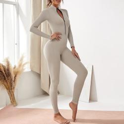 猪小耙 欧美长款拉链运动连体衣女健身螺纹瑜伽服健美连体瑜珈服女 银白 L