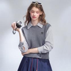 a02 拼接条纹假两件条纹衬衫领上衣2026秋季女式针织衫