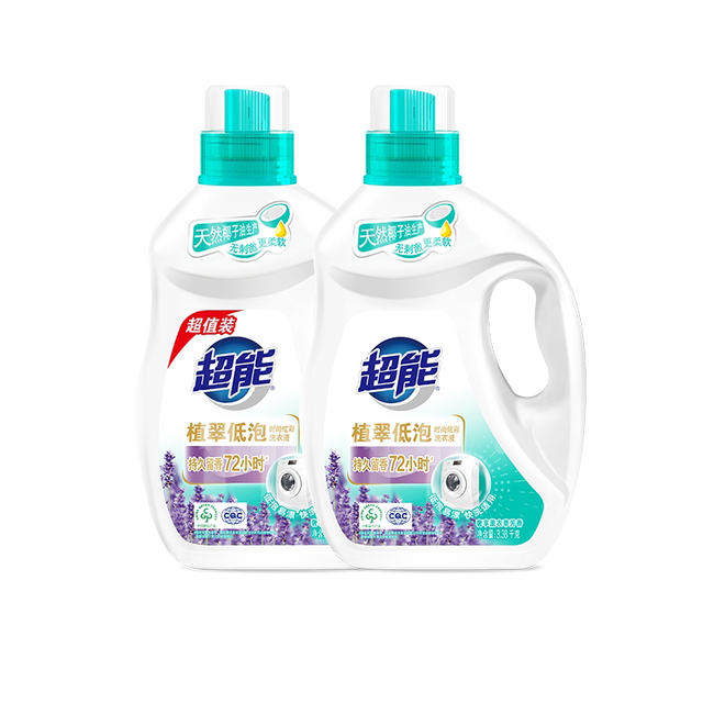 淘金币可用、88VIP：超能 植翠低泡洗衣液3.38kg*2瓶（13.52斤）薰衣草香