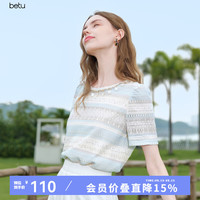 百图 2507T62 衬衫领织带蕾丝条纹 浅兰 M 女士衬衫